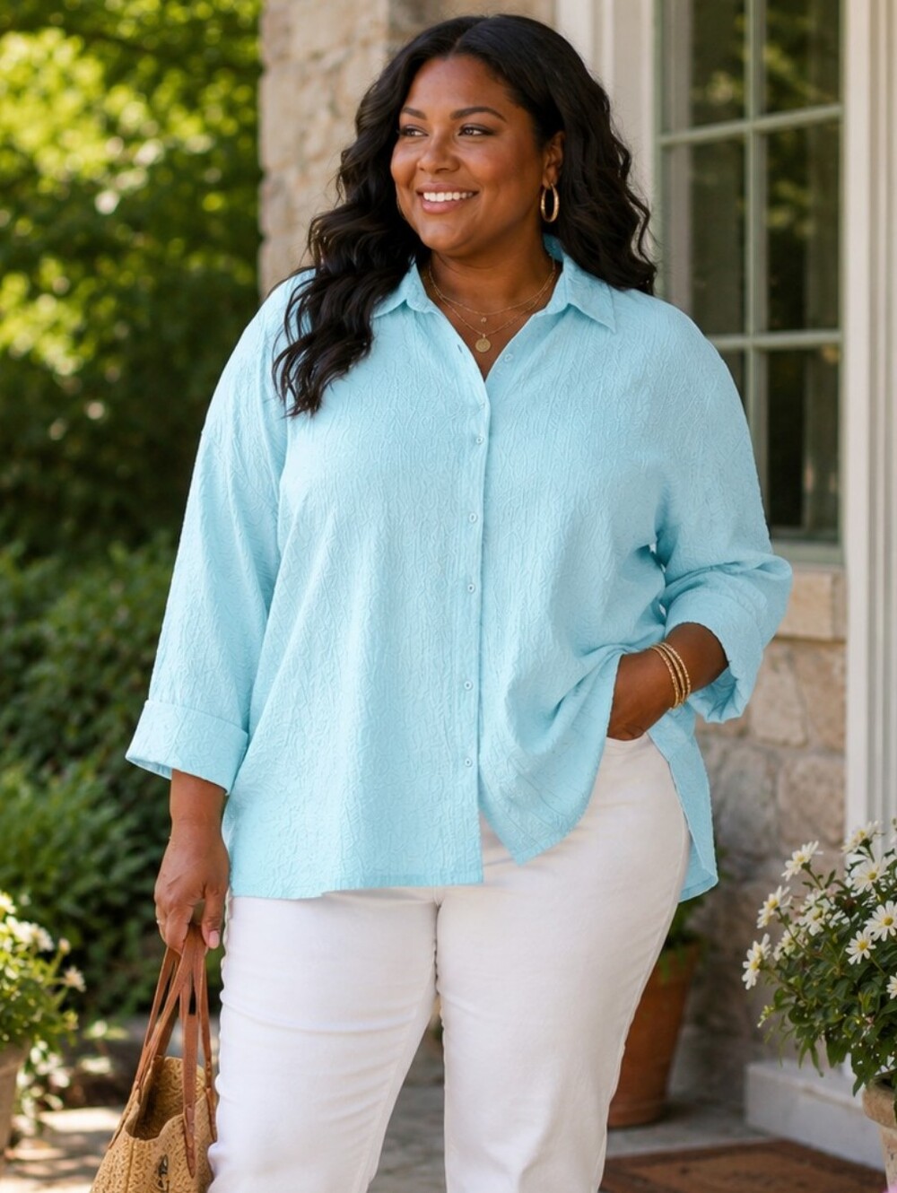 A.L.C. Woman Aqua Textured Button Down Shirt 2X Plus Size